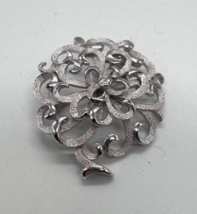 Crown Trifari Flower Brooch Silver Tone Polish Texture Swirl Petals Vintage - £19.49 GBP