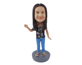 Custom Bobblehead Gorgeous Girl Waving Hello In A Trendy Top, Jeans With Sandals - £70.00 GBP