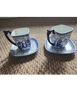 Bombay Cup &amp; Saucers Square Mug 2 sets Penzance Blue White 4.25&quot; - $640.42 MXN