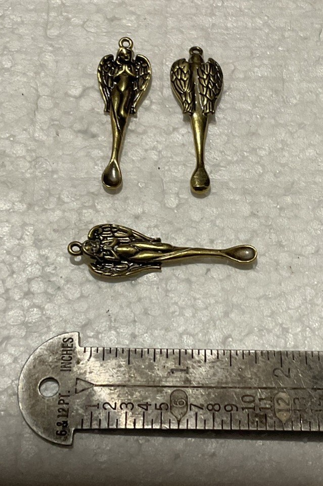 Figural Praying Angel Mini Snuf Spoon Pendant Brass 2” Unique Ear Wax Tool Item image 5