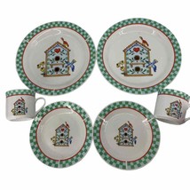 Set 6 VTG Alco Industries Birds Birdhouse Flower Checked Rim salad dinne... - $353.97 MXN