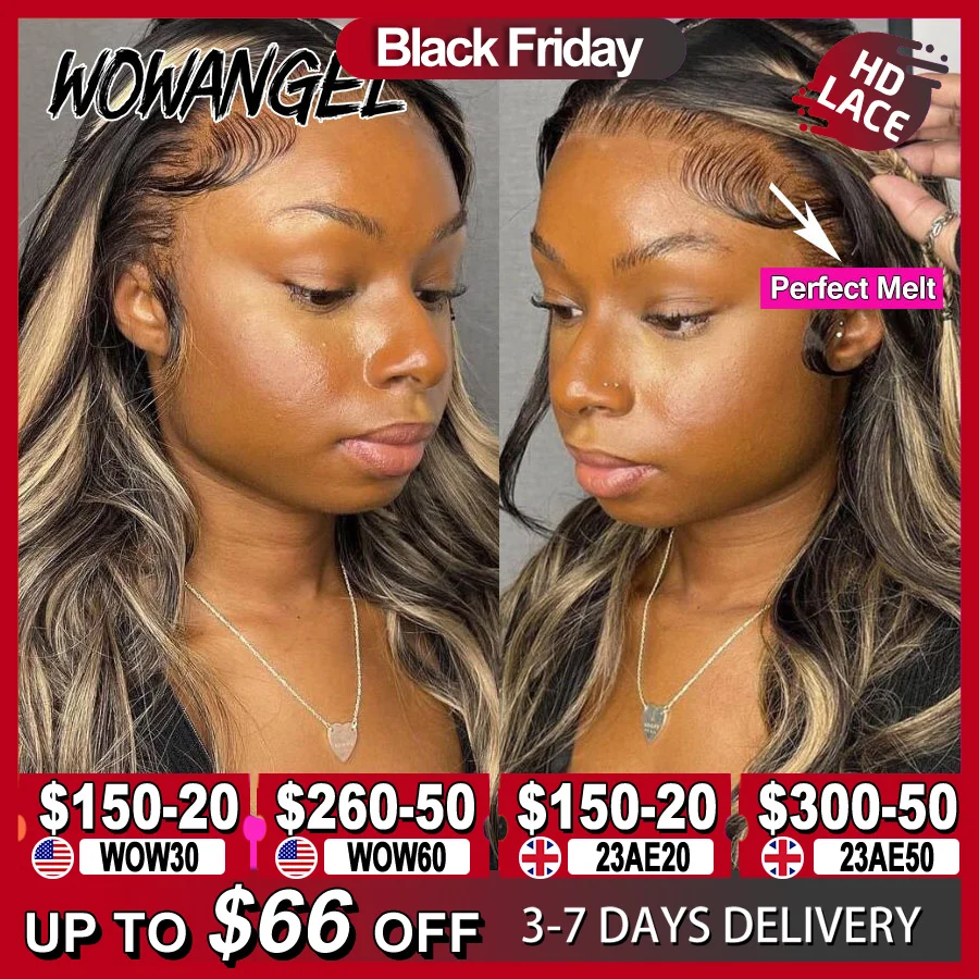 Wow Angel 1B27 Ombre Highlight 13x6 HD Lace Front Wigs Glueless Body Wave Pre - £243.73 GBP+