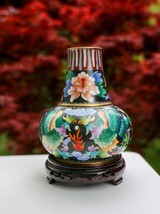 Absolutely Stunning Vintage Phoenix Enameled Cloisonné Vase On Wooden Stand - $339.57 CAD
