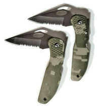 2 Maxam Half Serrated Folding Hunting Camping Knives Stainless Steel Camouflage - £28.05 GBP