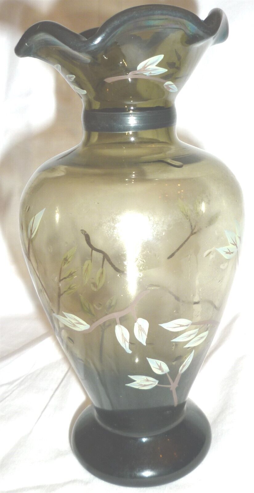 VINTAGE FENTON SMOKE GLASS PAINTED FLOWERS SMALL VASE CONVOLUTED EDGE - $15.68