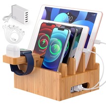 Bamboo Charging Station For Multiple Devices With 5 Port Usb Charger, 6 Cables A - £74.03 GBP