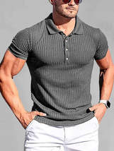 New Men&#39;s High Stretch Vertical Stripe Long Sleeve POLO Shirt Slim Fit Short Sle - £20.91 GBP