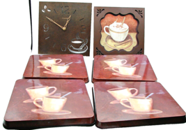 Coffee Bar Lot Stove Burner Covers Wall Art Wall Clock 6 Pieces Brown Tone Decor - £22.79 GBP
