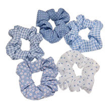 5pc Hair Blue Scrunchies Ponytail Elastic Ties Set Lot Polka Dots Floral Gingham - £9.45 GBP