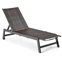 Patio Galvanized Steel Chaise Lounge w/ Wheels Outdoor PE Rattan Recliner Chair - £135.85 GBP