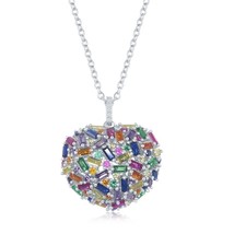 Sterling Silver Rainbow Baguette CZ Puffed Heart Necklace - £94.92 GBP