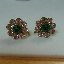Vintage Silver-tone Green &amp; Clear Rhinestone Floral Screw-back Earrings - $16.82