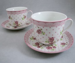 Kent Pottery 1887 Oversize Tea Coffee Cups Saucers Pink Roses Lace &amp; Pol... - £21.43 GBP