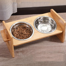 Cat Dog Food Feeding Stand Station Stainless Double Raised Bowls Wooden Non-Slip - £35.15 GBP
