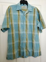 Tommy Bahama Mens XL Button Front Shirt Blue Olive Green Checkered Short... - $25.04