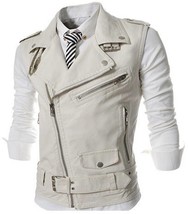 Vest Leather Coat Waistcoat Waist Motorcycle Jacket Biker Men&#39;s Vintage White 17 - £86.69 GBP+