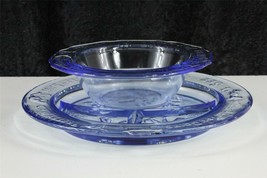Vintage Blue Transparent TIARA Glass Nursery Rhyme Child&#39;s Grill Plate &amp; Bowl - £23.14 GBP
