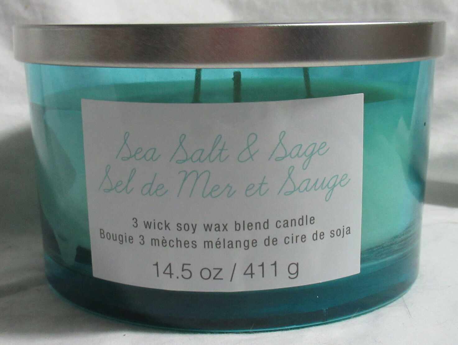 Primary image for Ashland 14.5 oz 3-wick Soy Wax  Blend Jar Candle SEA SALT & SAGE white & blue