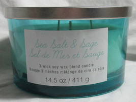 Ashland 14.5 oz 3-wick Soy Wax  Blend Jar Candle SEA SALT & SAGE white & blue - £28.03 GBP