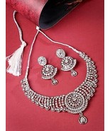 Kundan Jewelry Beautiful Rhodium Plated Silver AD Stone Collar Necklace Set - £15.14 GBP