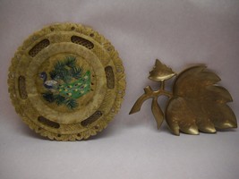 Vintage Indian Décor Jade Plate Lattice Painted Peacock Brass Leaf Candy Tray - £88.16 GBP