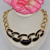 Vintage NAPIER Black Enamel Gold Tone Chain Link Choker Necklace - £23.56 GBP