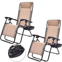 Set of 2 Beige Folding Outdoor Zero Gravity Lounge Chair Recliner - £183.78 GBP