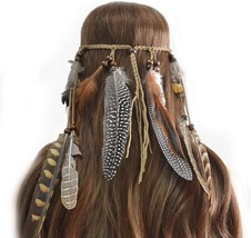 Indian Feather Headband for Women Boho Handmade Tassel Hair Beads Costume Access - £19.42 GBP