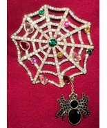 Spider Web Brooch w/Dangling Spider & Swarovski Crystals-Off Park Collection - $173.19