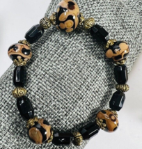 Black Chalcedony Brown Jasper Bead Bracelet Antique Brass Tone Leopard Boho - £19.92 GBP