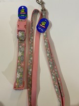 Top Paw Dog Leash &amp; Large Collar Matching Set Pink Grey Multicolored Flowers - £12.62 GBP