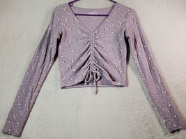 Hollister Blouse Top Womens Medium Purple Floral Ruched Long Sleeve V Neck Logo - £12.38 GBP