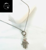 Sterling Silver 925 Lucky Hamsa Palm Pendant And 45cm Box Chain With Pink CZ - £20.99 GBP