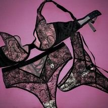 NWT Victoria&#39;s Secret unlined 36C BRA SET M panty thong Black beige embr... - $98.99