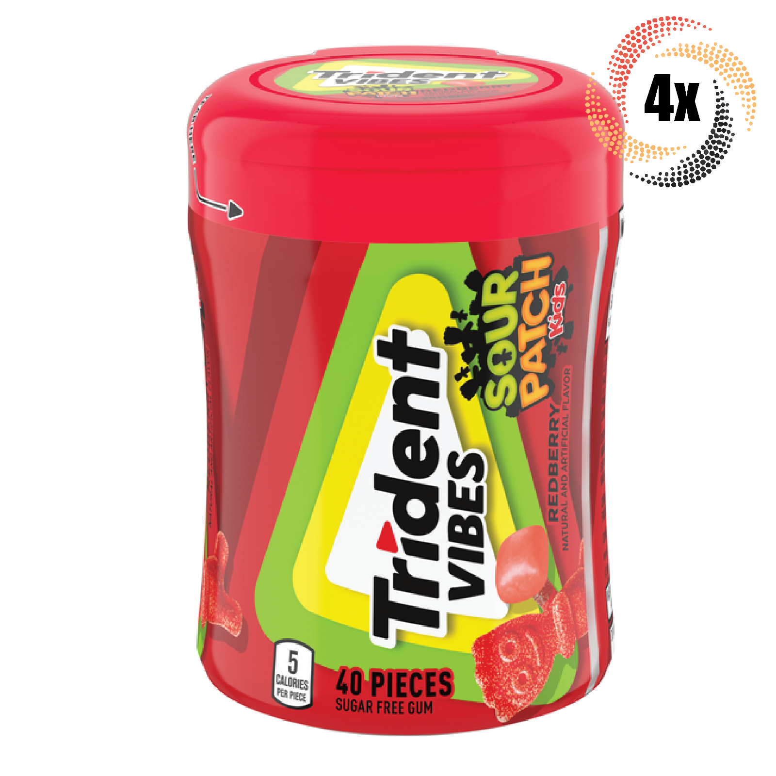Primary image for 4x Bottles Trident Vibes Sour Patch Kids Redberry Flavor Gum | 40 Pieces Each