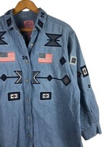 Embroidered Denim Shirt Size 10 Medium Womens Patches American Flag Vintage - £36.61 GBP