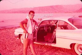 35 mm color slide *   SLIDE June 1961 Lake Mead MAN CAR SWIMMERS Mountains - $5.50