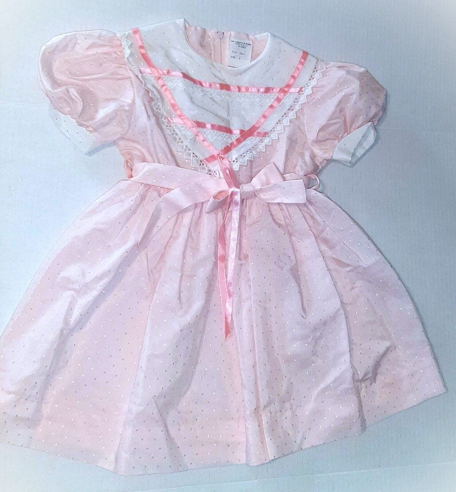 Youngland Vintage Girls Dress Size 5 Pink Ribbon Twirly w/Belt 80s Puff Sleeve - £15.87 GBP
