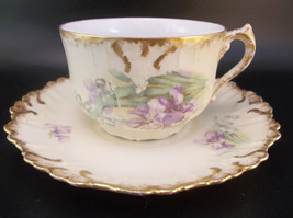Antique Limoges France Porcelain Purple Flowers Tea Cup Saucer Set - £25.96 GBP
