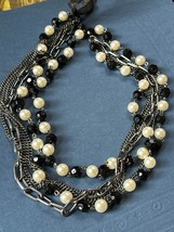 Multistrand Black Faceted &amp; White Faux Pearl Bead w Silvertone Chain Necklace – - £8.92 GBP