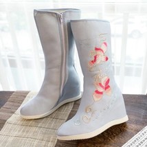 Autumn Woman Vintage Mid-Calf Boots Floral Embroider Height Increased Ladies Boo - £50.23 GBP