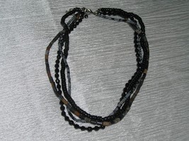 Estate Black Glass &amp; Shades of Gray &amp; Brown Faux Stone Multistrand Bead Necklace - $11.29