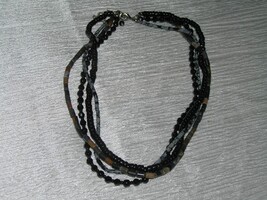 Estate Black Glass &amp; Shades of Gray &amp; Brown Faux Stone Multistrand Bead Necklace - £9.07 GBP