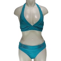 ATHLETA Swimsuit 2 Piece Plunge Halter Ruched Bikini Set Blue Women&#39;s Si... - £28.46 GBP