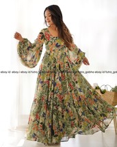 Pista green floral anarkali suit with puff sleeves,womens partywear anar... - $46.00