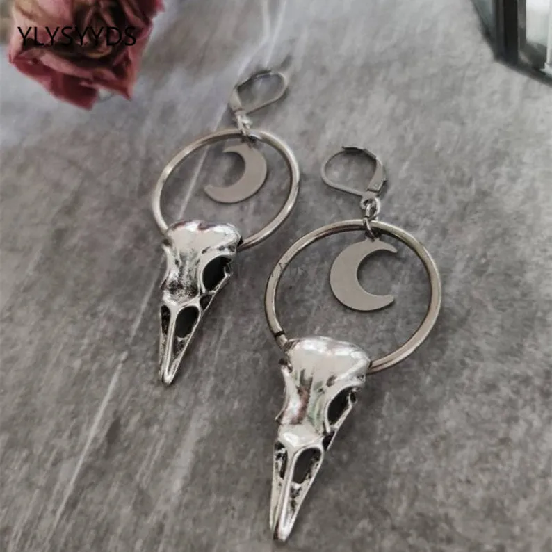 Gothic Bird Dead Crow Moon Earrings Pentagram Crow Skull Halloween Punk Creative - £11.07 GBP