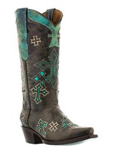 Cowboy Boots for Women Brown Distressed Leather Turquoise Inlay Cross Snip Toe - £86.32 GBP