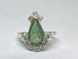 Natural Pear Shape Emerald Ring With Zircon In 925 Sterling Silver - £117.26 GBP