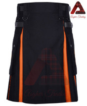 Scottish Hybrid Utility Men KILT Black Cotton Under Pleats Orange Cotton Kilt - £30.79 GBP