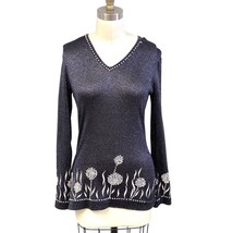 Ruffians VTG 1970s Metallic Knit Top Black Blue Silver Faux Pearl Disco ... - $94.00